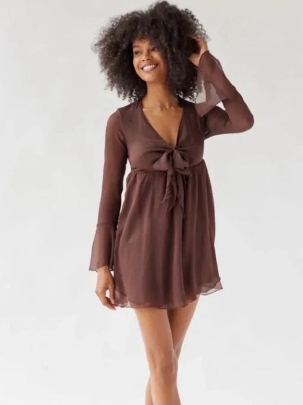 Urban Outfitters Brown Sheer Tie Front Mini Dress Bell Sleeve L